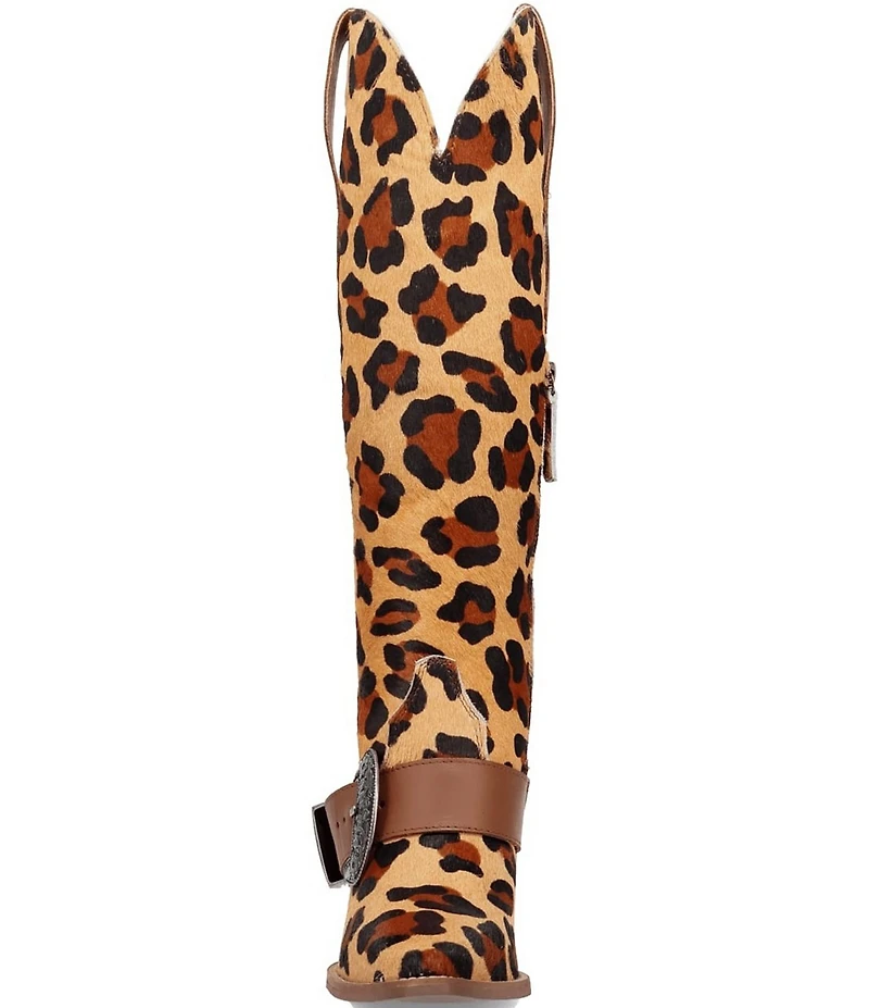 Dingo Spur Crazy Leopard Print Calf Hair Buckle Hardware Over The Knee Western Boots