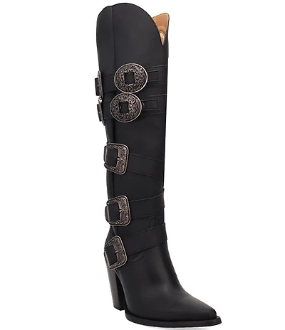 Dingo Spurwest Leather Buckled Strap Over The Knee Western Boots