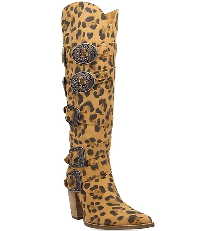 Dingo Spurwest Leopard Print Suede Multi Buckled Straps Over-The-Knee Western Boots