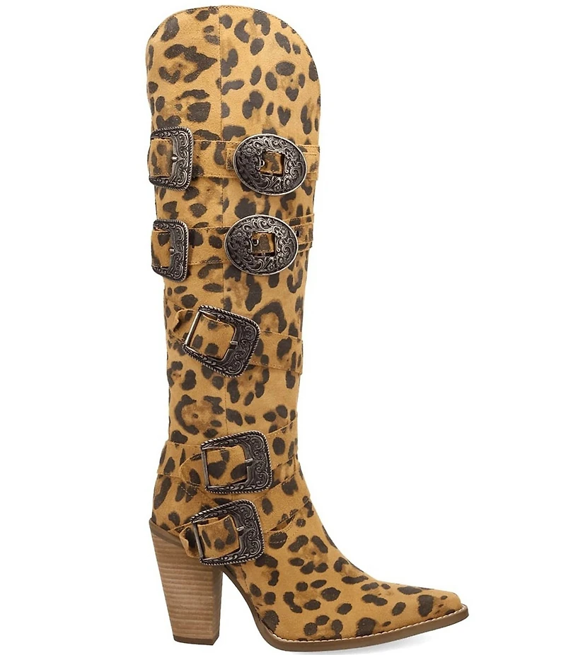 Dingo Spurwest Leopard Print Suede Multi Buckled Straps Over-The-Knee Western Boots