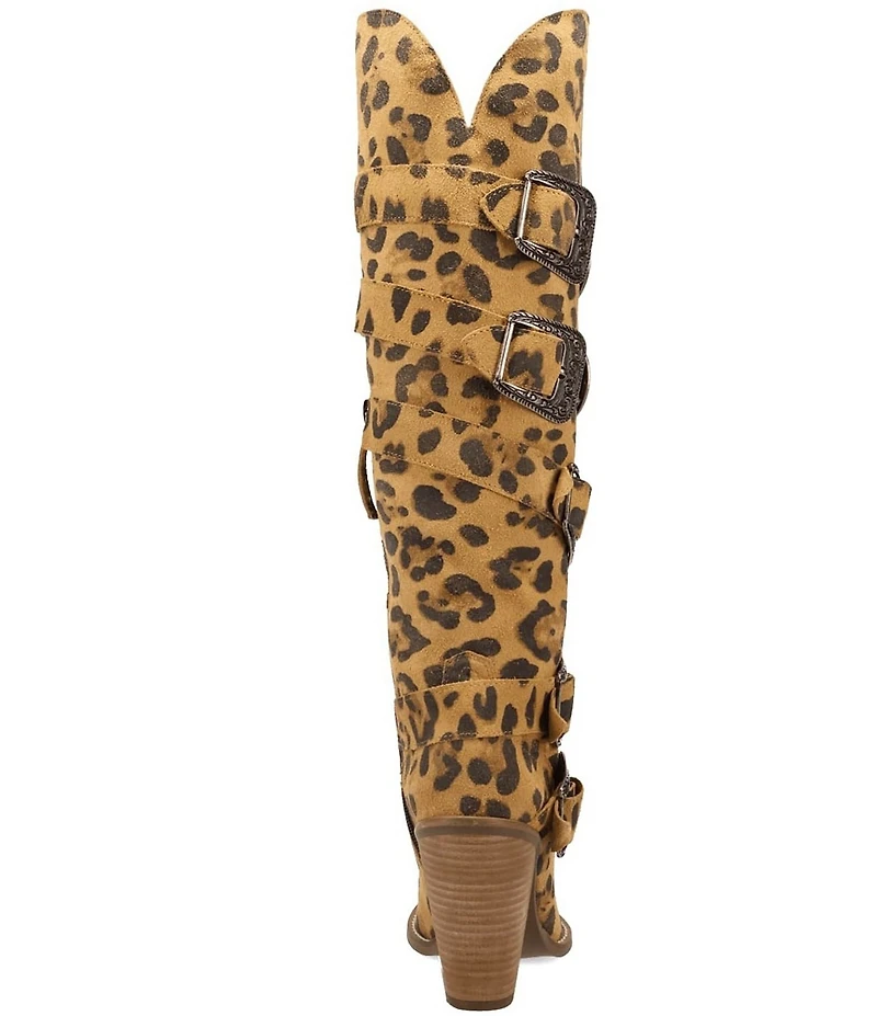 Dingo Spurwest Leopard Print Suede Multi Buckled Straps Over-The-Knee Western Boots
