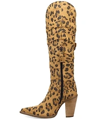Dingo Spurwest Leopard Print Suede Multi Buckled Straps Over-The-Knee Western Boots