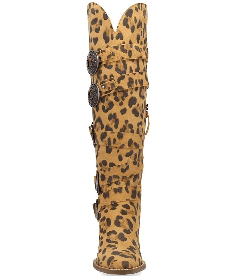 Dingo Spurwest Leopard Print Suede Multi Buckled Straps Over-The-Knee Western Boots