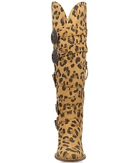 Dingo Spurwest Leopard Print Suede Multi Buckled Straps Over-The-Knee Western Boots