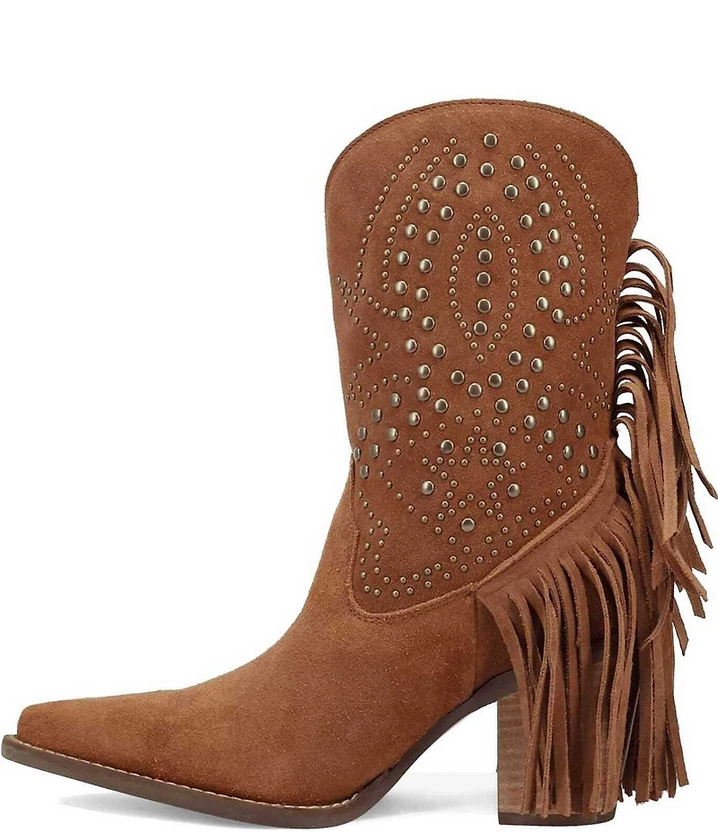 Dingo Star Power Studded Suede Fringe Mid Calf Western Boots