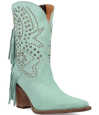 Dingo Star Power Studded Suede Fringe Mid Calf Western Boots