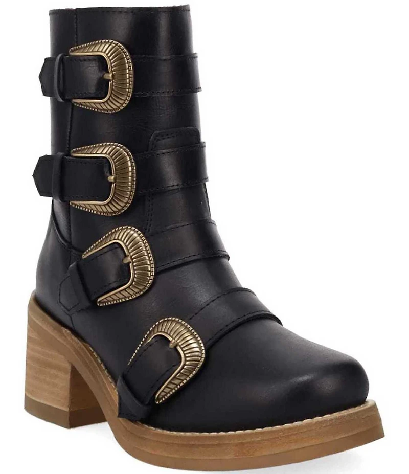 Dingo Topanga Leather Buckle Straps Block Heel Booties