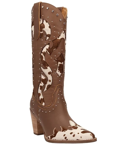 Dingo Untamed Leather Studded Cow Print Suede Western Tall Boots