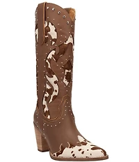 Dingo Untamed Leather Studded Cow Print Suede Western Tall Boots