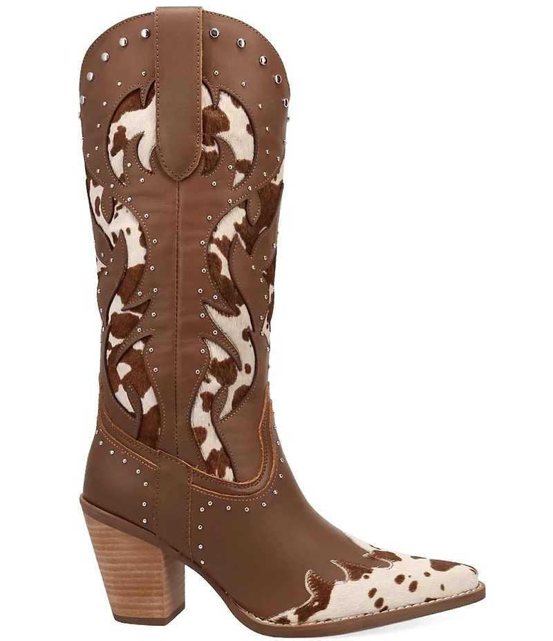 Dingo Untamed Leather Studded Cow Print Suede Western Tall Boots