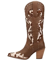Dingo Untamed Leather Studded Cow Print Suede Western Tall Boots