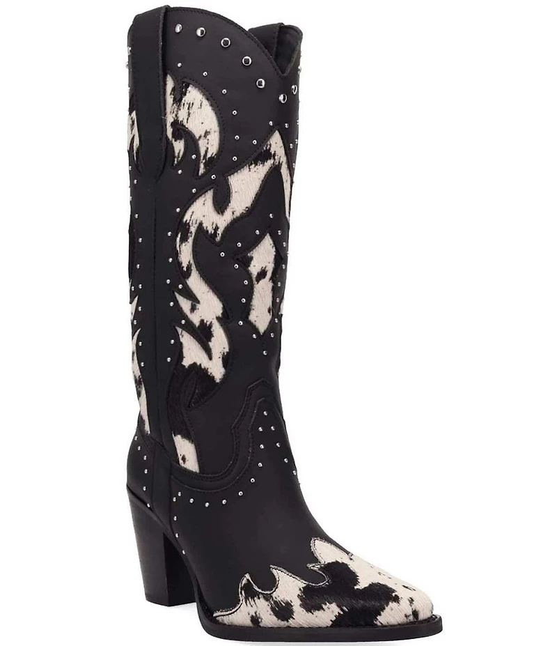 Dingo Untamed Leather Studded Cow Print Suede Western Tall Boots