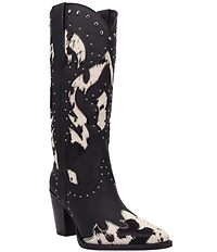 Dingo Untamed Leather Studded Cow Print Suede Western Tall Boots