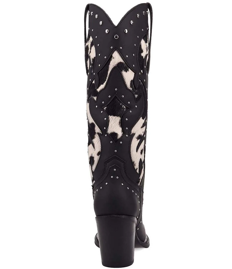 Dingo Untamed Leather Studded Cow Print Suede Western Tall Boots