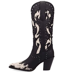 Dingo Untamed Leather Studded Cow Print Suede Western Tall Boots
