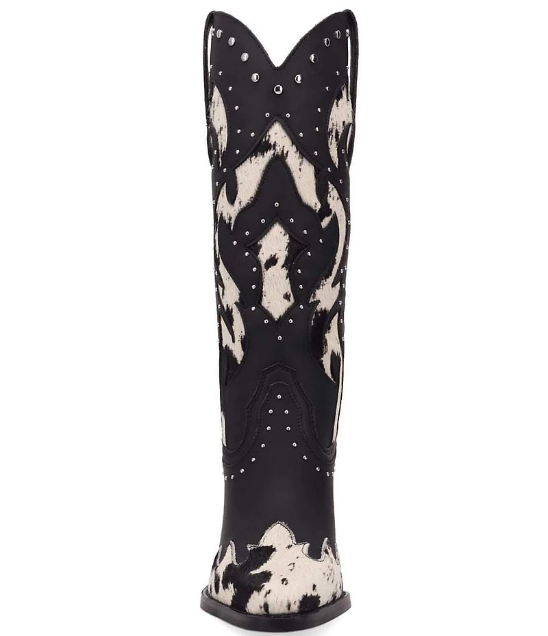 Dingo Untamed Leather Studded Cow Print Suede Western Tall Boots