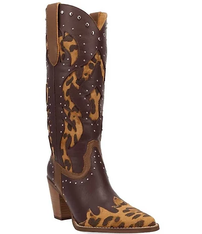 Dingo Untamed Leather Studded Leopard Print Suede Western Tall Boots