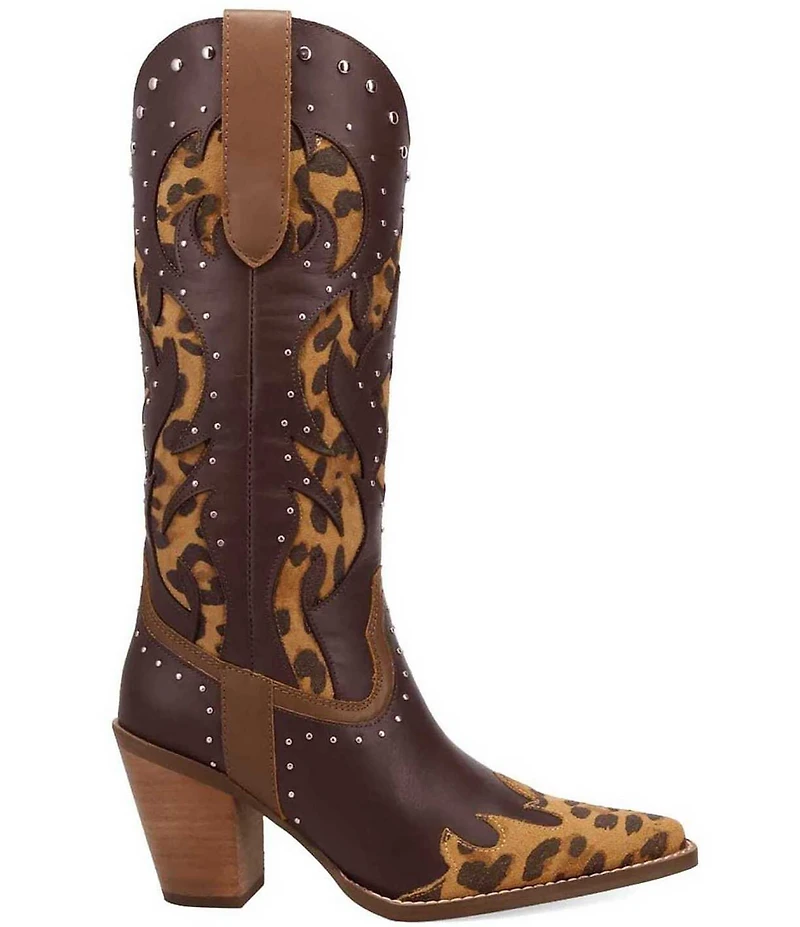Dingo Untamed Leather Studded Leopard Print Suede Western Tall Boots