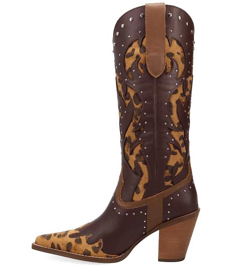 Dingo Untamed Leather Studded Leopard Print Suede Western Tall Boots