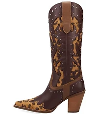 Dingo Untamed Leather Studded Leopard Print Suede Western Tall Boots