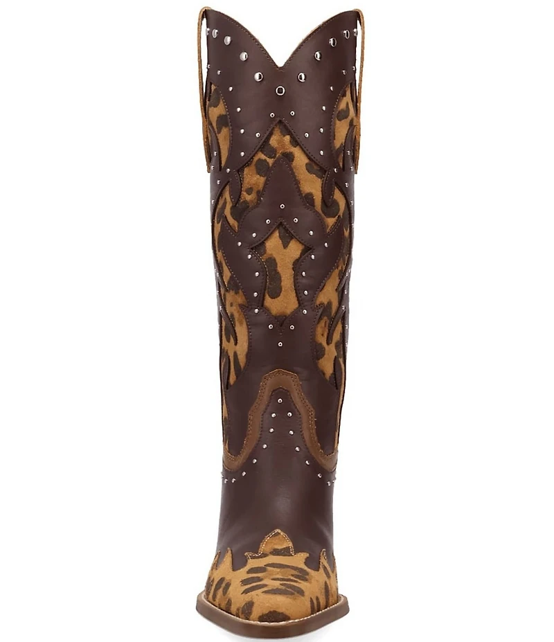 Dingo Untamed Leather Studded Leopard Print Suede Western Tall Boots