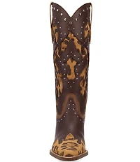 Dingo Untamed Leather Studded Leopard Print Suede Western Tall Boots