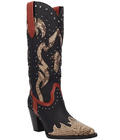 Dingo Untamed Leather Studded Snake Print Accent Western Tall Boots