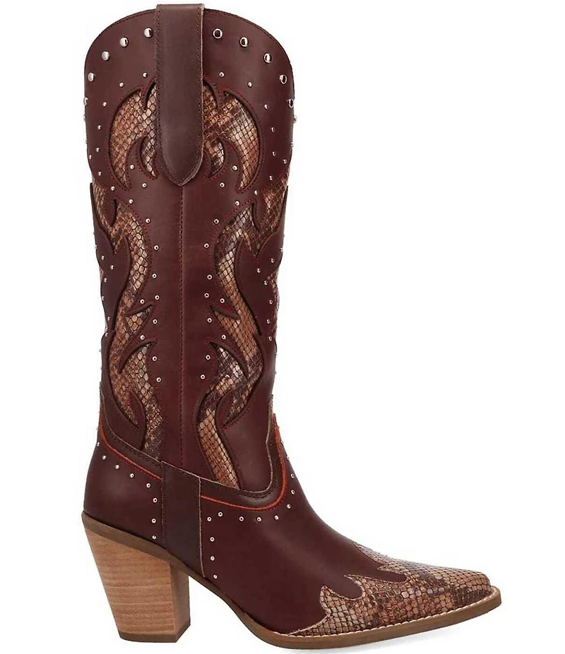 Dingo Untamed Leather Studded Snake Print Accent Western Tall Boots