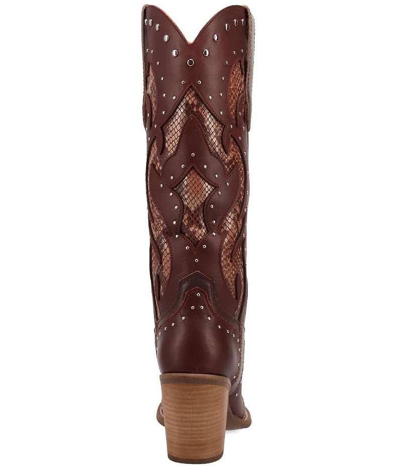 Dingo Untamed Leather Studded Snake Print Accent Western Tall Boots