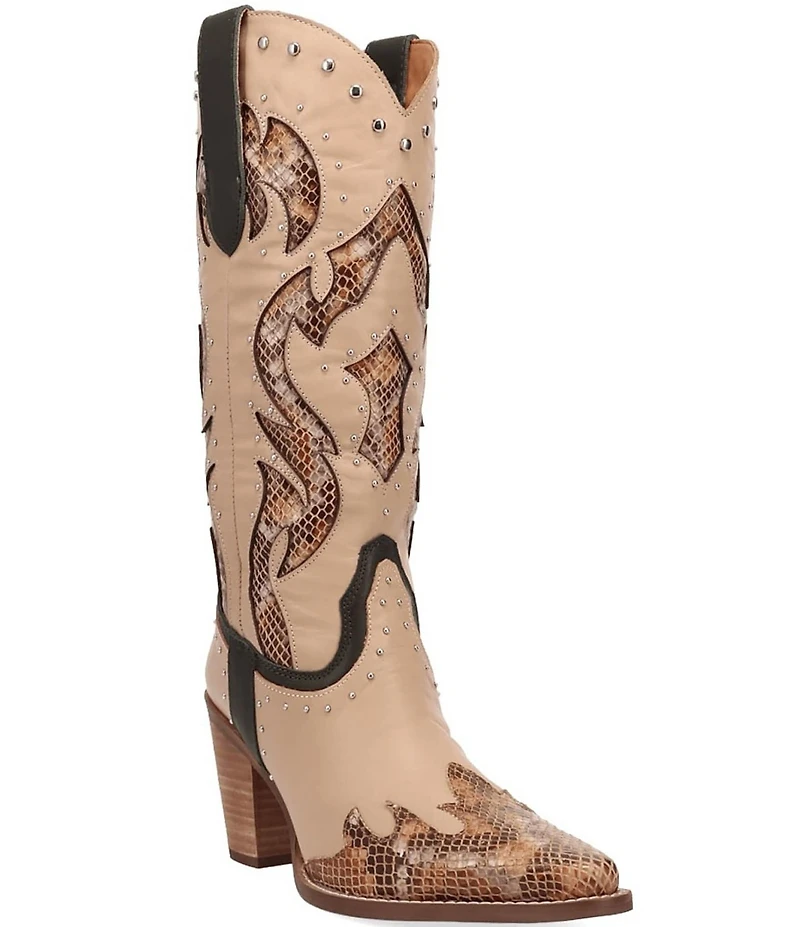 Dingo Untamed Leather Studded Snake Print Accent Western Tall Boots
