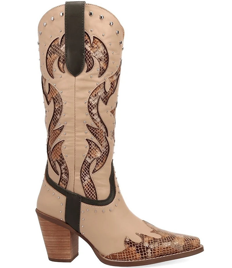 Dingo Untamed Leather Studded Snake Print Accent Western Tall Boots