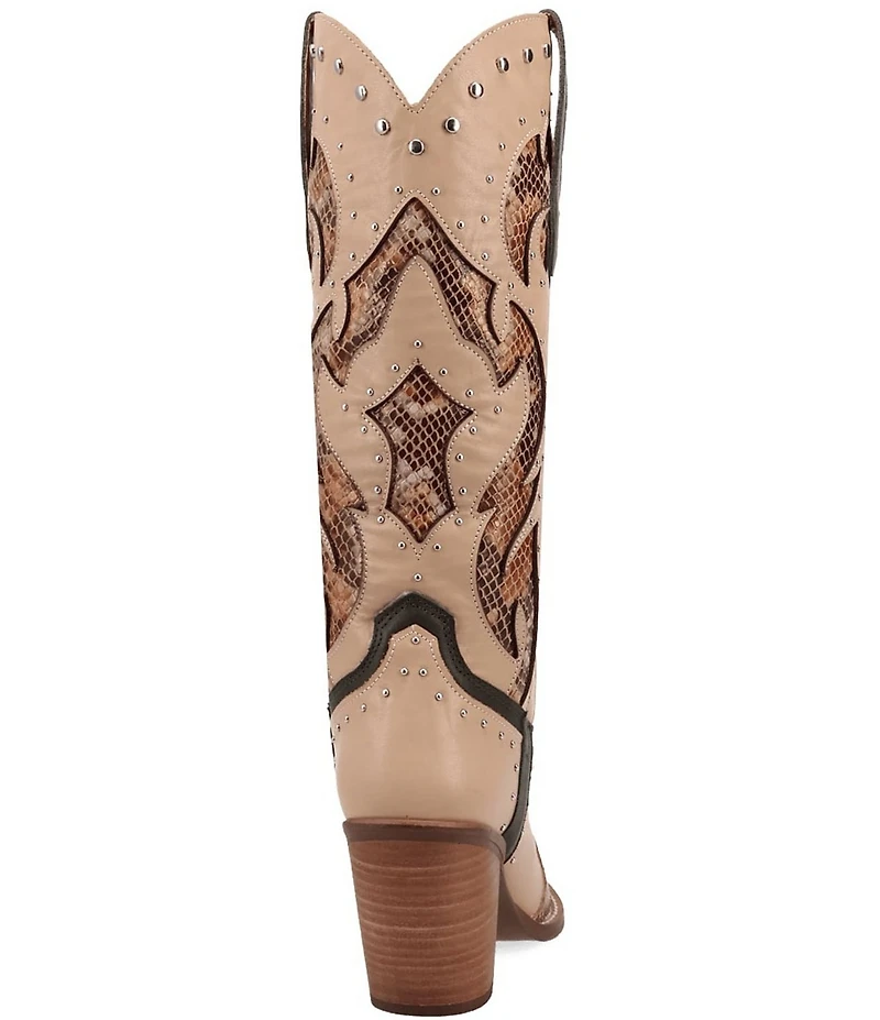 Dingo Untamed Leather Studded Snake Print Accent Western Tall Boots