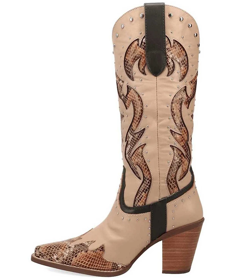 Dingo Untamed Leather Studded Snake Print Accent Western Tall Boots