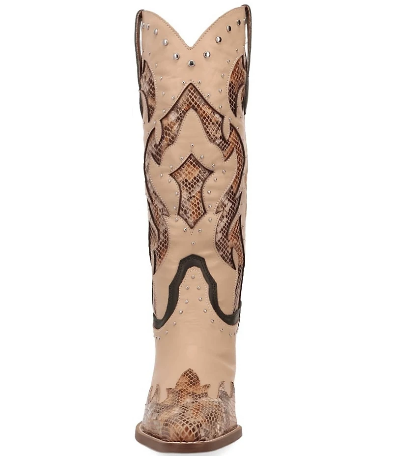 Dingo Untamed Leather Studded Snake Print Accent Western Tall Boots