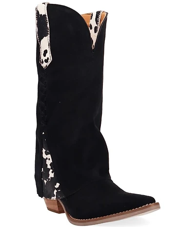 Dingo Wild Thang Suede Cow Print Accent Cuffed Shaft Western Tall Boots