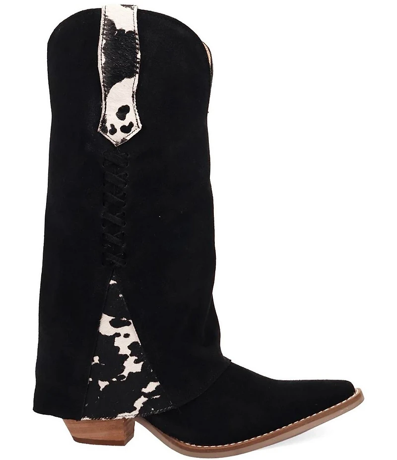 Dingo Wild Thang Suede Cow Print Accent Cuffed Shaft Western Tall Boots