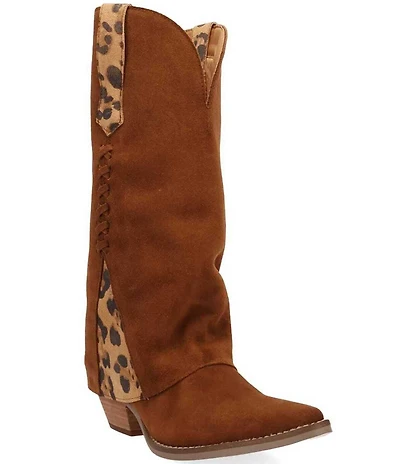 Dingo Wild Thang Suede Leopard Print Accent Cuffed Shaft Western Tall Boots