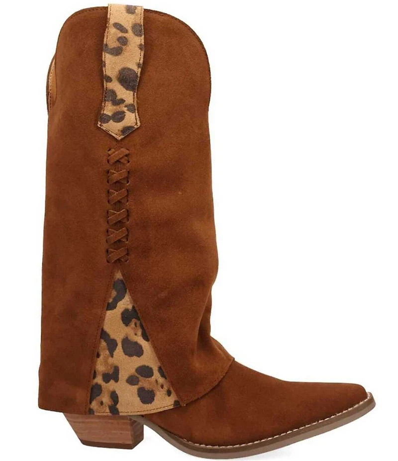 Dingo Wild Thang Suede Leopard Print Accent Cuffed Shaft Western Tall Boots