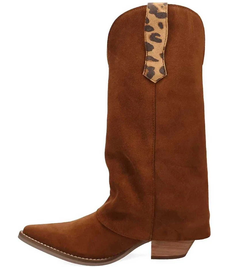 Dingo Wild Thang Suede Leopard Print Accent Cuffed Shaft Western Tall Boots