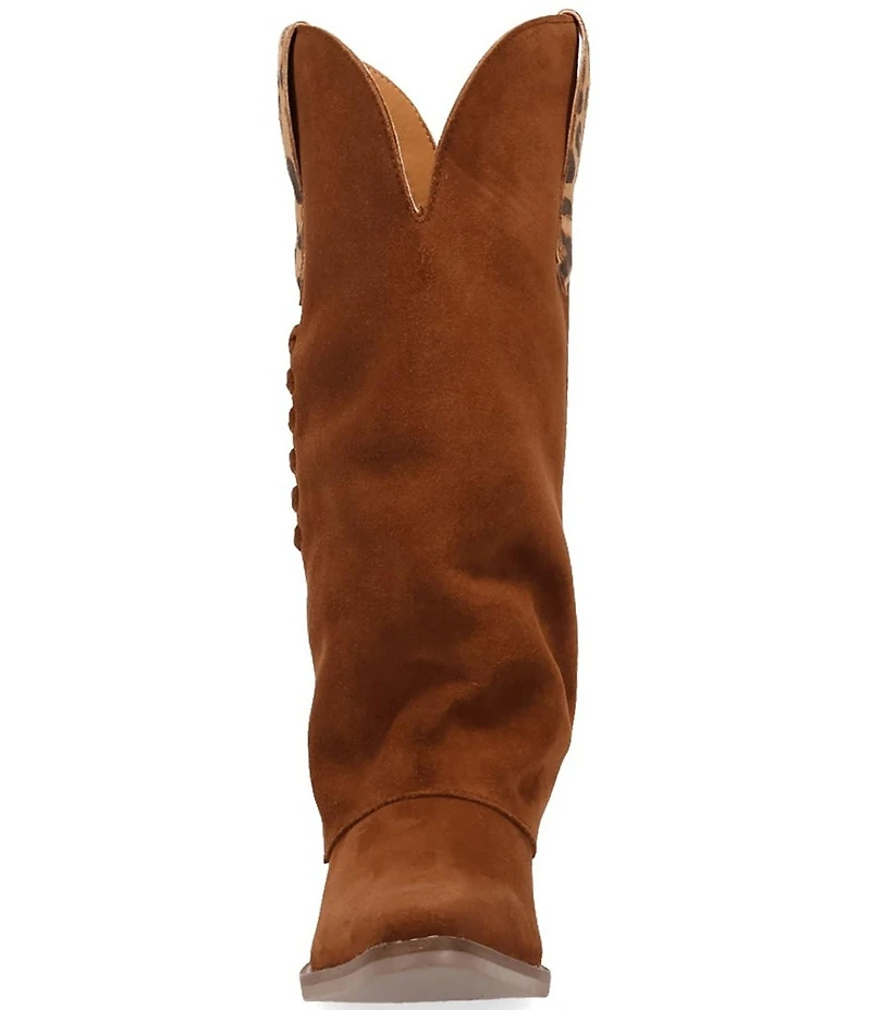 Dingo Wild Thang Suede Leopard Print Accent Cuffed Shaft Western Tall Boots