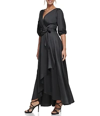 DKNY by Donna Karan 3/4 Balloon Sleeve Surplice V-Neck Faux Wrap Gown