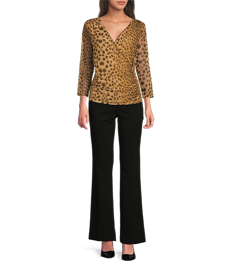 DKNY by Donna Karan Animal Printed Mesh 3/4 Sleeve Faux Wrap Top