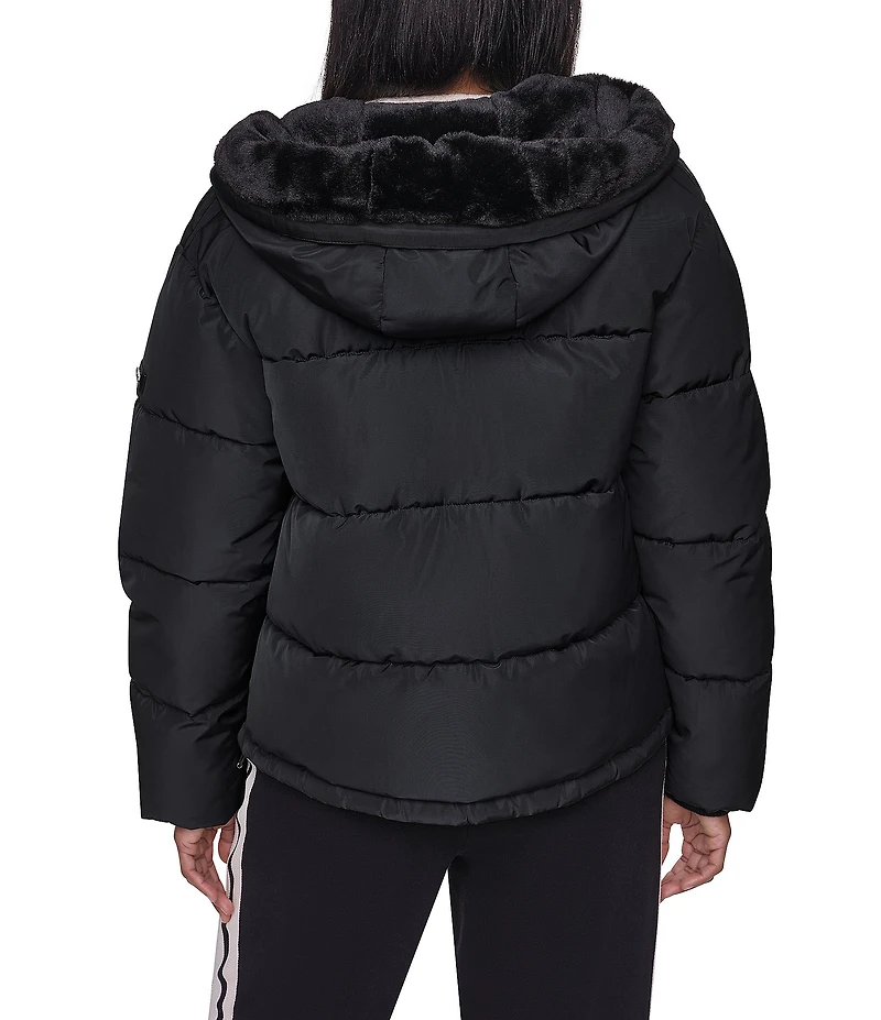 DKNY Attached Hoodie Faux Fur Zip Front Puffer