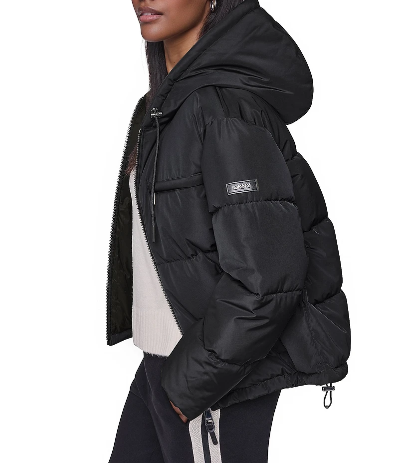 DKNY Attached Hoodie Faux Fur Zip Front Puffer