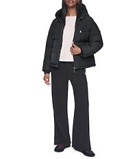 DKNY Attached Hoodie Faux Fur Zip Front Puffer