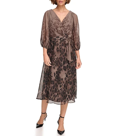 DKNY by Donna Kara Printed Chiffon Surplice V-Neck Belted Fit & Flare Midi Dress