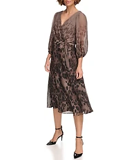 DKNY by Donna Kara Printed Chiffon Surplice V-Neck Belted Fit & Flare Midi Dress