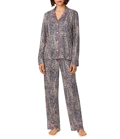 DKNY by Donna Karan Animal Print Long Sleeve Notch Collar Jersey Knit Long Pajama Set