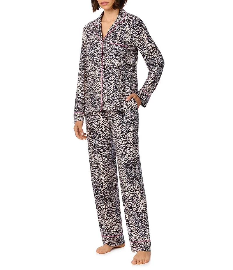 DKNY by Donna Karan Animal Print Long Sleeve Notch Collar Jersey Knit Long Pajama Set