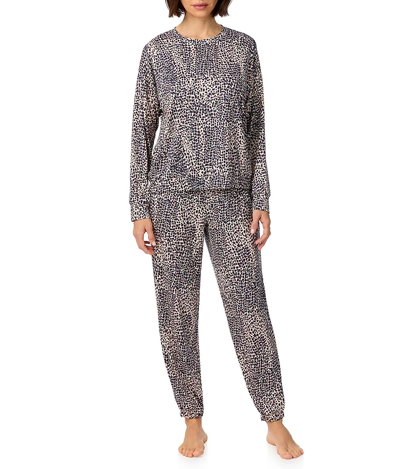 DKNY by Donna Karan Animal Print Long Sleeve Round Neck Jersey Knit Jogger Pajama Set